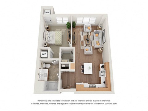 Floor plan for 1 bed, 1 bath, 723 sqft